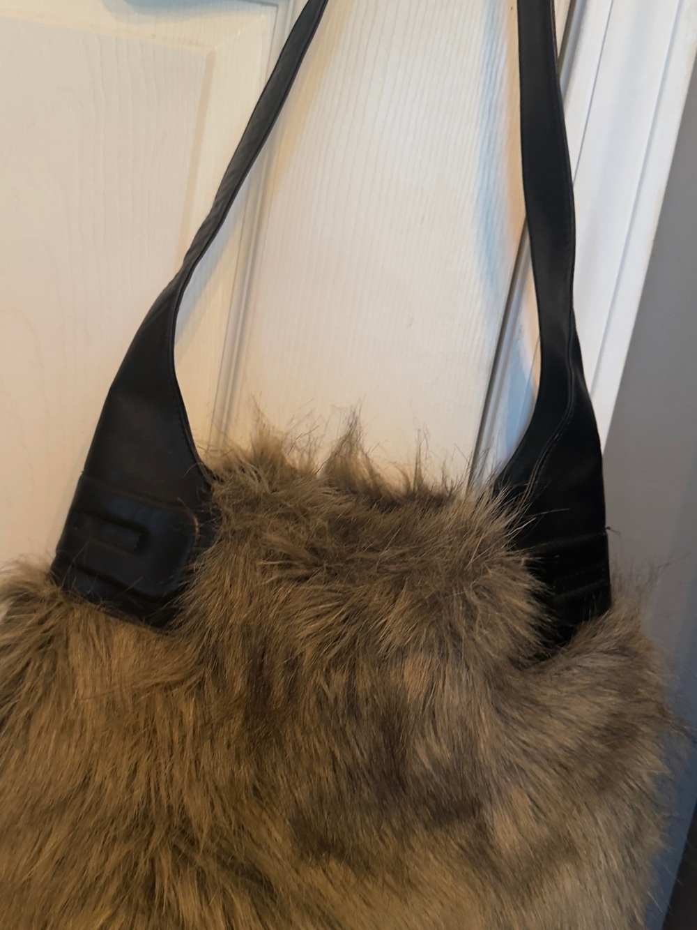 Faux Fur DKNY Shoulder Bag in Brown with Black Leather Strap